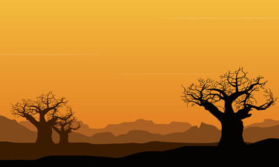 Aesthetic silhouette of dry trees from the suburbs at dusk in the afternoon. Vector illustration
