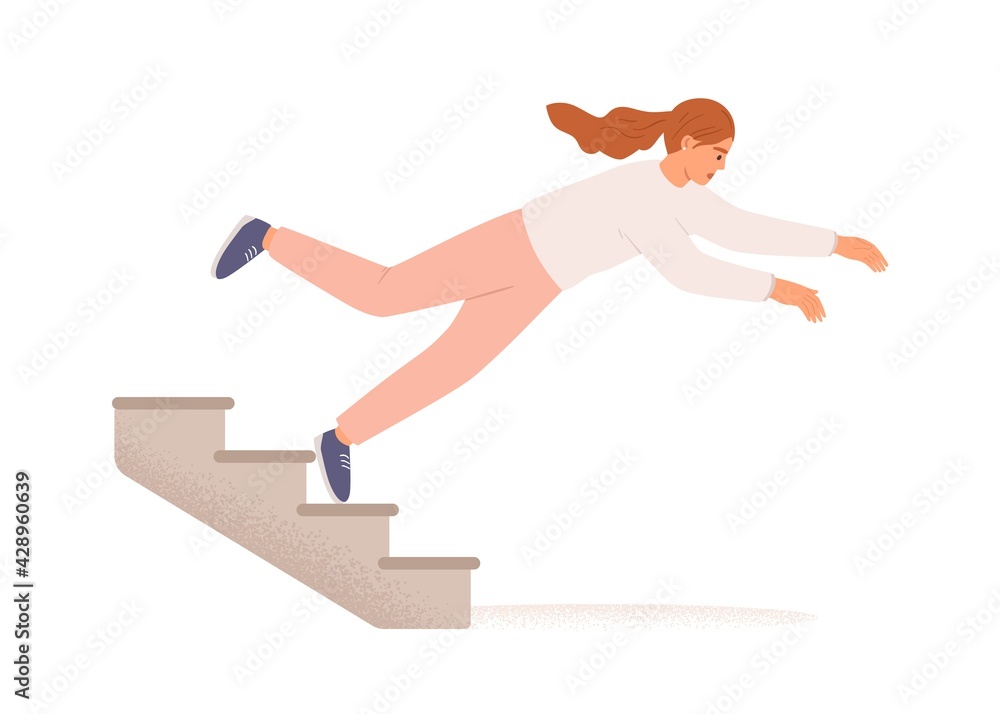 Poster employee falling down from career ladder. sudden fall of woman from stairs. work failure, fiasco, li