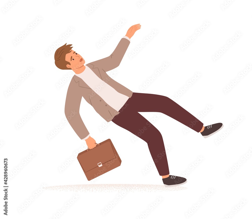 Poster businessman stumbling and falling down. fall of young man with briefcase. career failure, fiasco, cr