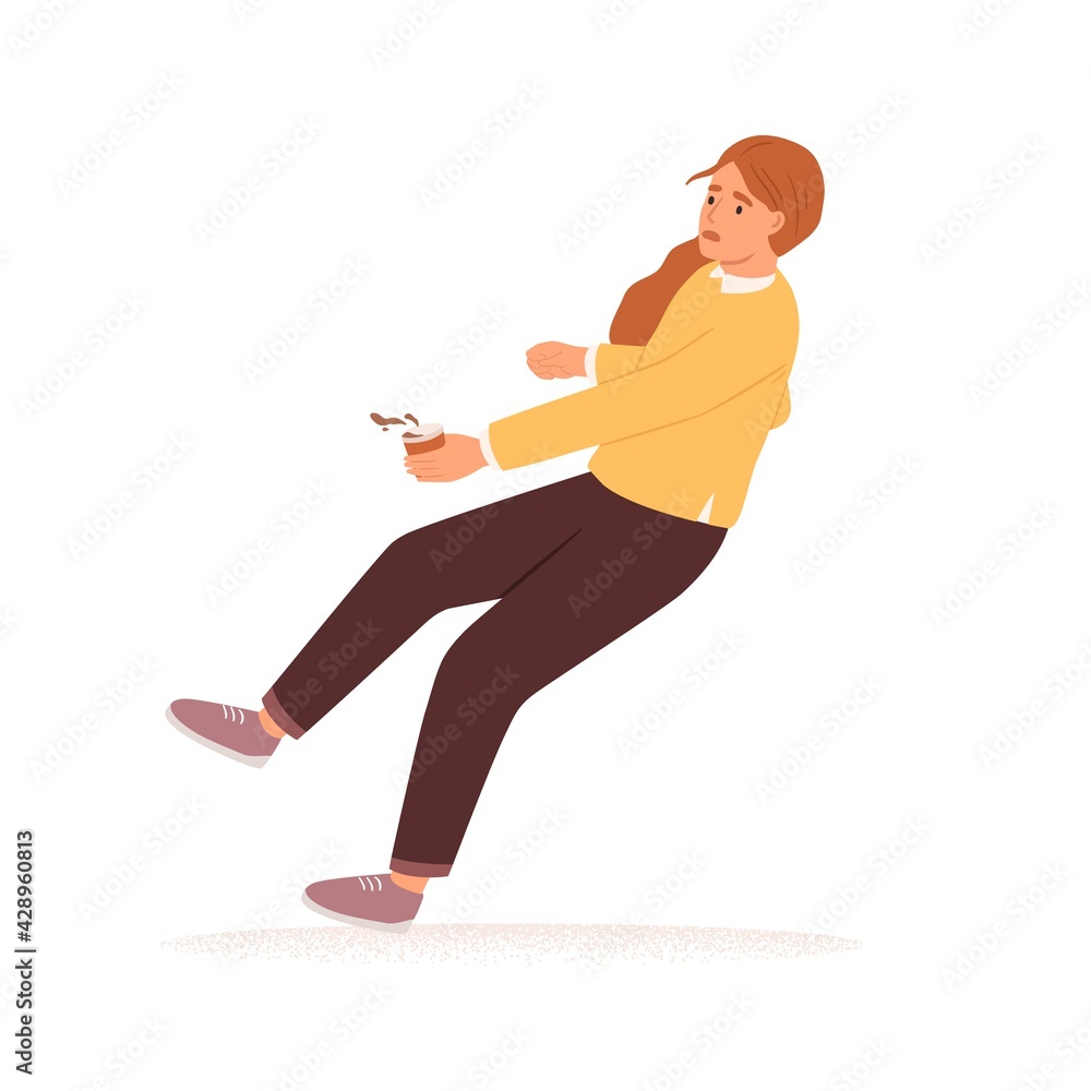 Aufkleber scared person with coffee cup stumbling and falling down. accident fall of frightened woman. concept