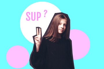 Magazine style collage of smiling girl showing victory sign with her hand and with speech bubble...