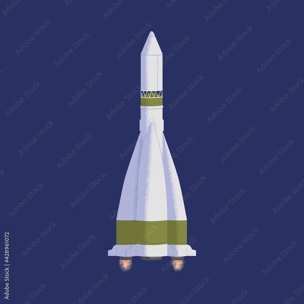 Poster intergalactic rocket in outer space with engine fire flames. spaceship flying in cosmos. flight of c