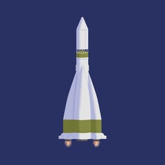Intergalactic rocket in outer space with engine fire flames. Spaceship flying in cosmos. Flight of cosmic shuttle or rocketship. Colored flat textured vector illustration of interstellar