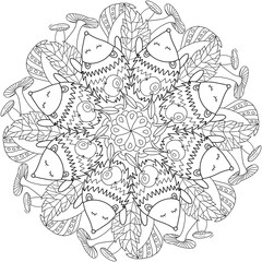 Mandala coloring book for children and adults hedgehog, apple, autumn, mushrooms, leaves