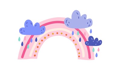 Cute funny rainbow and magic rain clouds isolated on white background. Childish drawing in Scandinavian style. Simple flat vector illustration of doodle pink arch and magical cloudlets