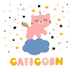 Cute unicorn cat. Catticorn with stars