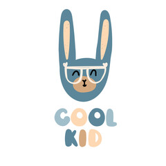 Cute bunny face with the caption cool kid. Vector clip art on an isolated background. Print for children's clothing in a trendy style