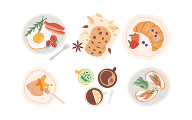 set with breakfast meals and drinks isolated on white background. Bacon and egg, pancakes, sandwiches with salmon and avocado, croissant, cups of tea and coffee. Vector illustration in flat style 