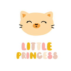 Cute kitty face with the caption little princess. Vector clip art on an isolated background. Print for children's clothing