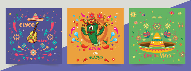 Fototapeta na wymiar Set of Cinco de mayo party poster template design. Brochure Neon, Light Banner, Typography Mexican Fiesta Party.