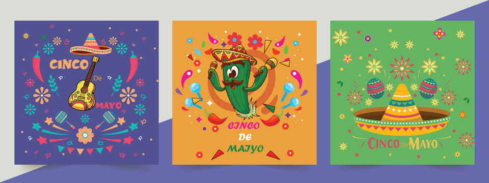 Set of Cinco de mayo party poster template design. Brochure Neon, Light Banner, Typography Mexican Fiesta Party.