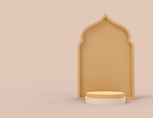Islamic display podium decoration background on white, ramadan kareem, mawlid, iftar, isra miraj, eid al fitr adha, muharram, copy space text area, 3D illustration.