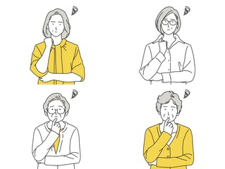 人物イラスト 女性 セット 正面 考える 悩む シニア