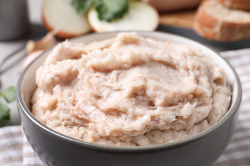 Delicious lard spread in bowl, closeup view
