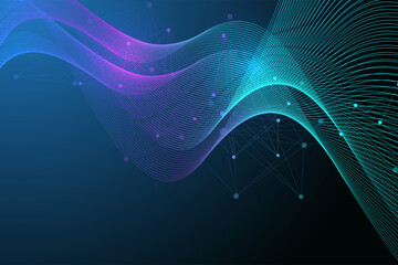 Abstract background with a colored dynamic waves, line and particles. Wave flow illustration. Digital frequency track equalizer.