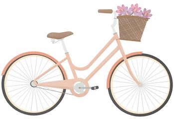 Bicycle with a bouquet of spring flowers. Cute hand drawn bicycle or bike isolated on white background. Urban eco friendly pedal transport carrying baskets with flowers.