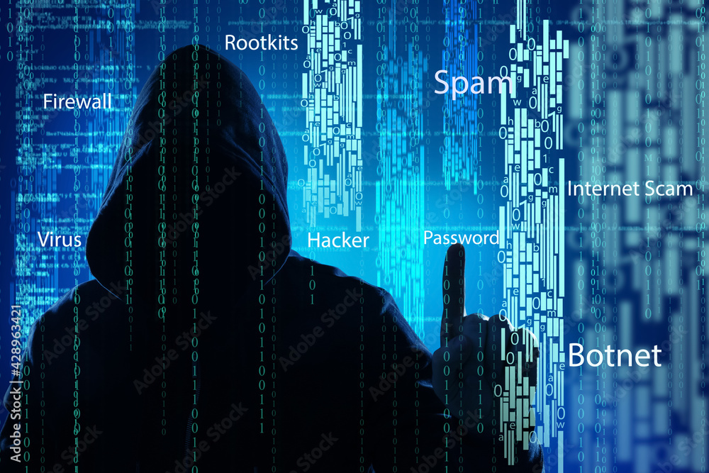 Poster man in hood and digital code on dark background. cyber attack concept