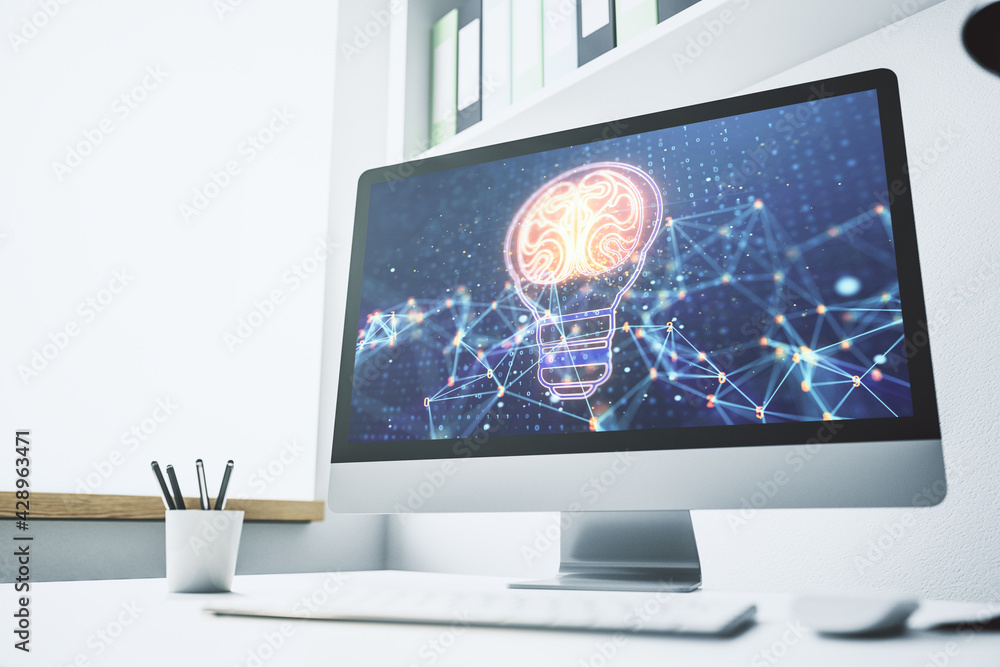 Aufkleber Creative idea concept with light bulb and human brain illustration on modern laptop screen. Neural networks and machine learning concept. 3D Rendering