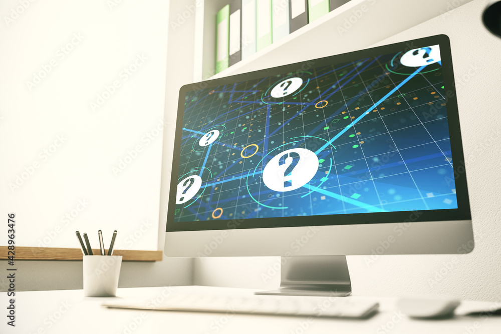 Poster creative abstract question mark sketch on modern laptop monitor, faq and research concept. 3d render