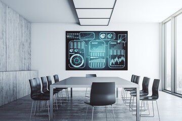 Abstract creative analytics data spreadsheet on tv display in a modern presentation room, analytics and analysis concept. 3D Rendering
