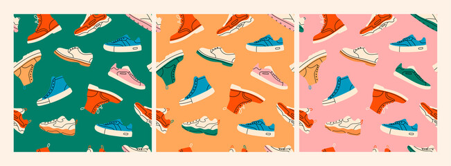 Various Shoes. Boots, sport shoes, sneakers, hiking footwear and other shoes for training. Men's and women's footwear. Set of three Hand drawn Vector seamless Patterns. Wallpaper or wrapping paper