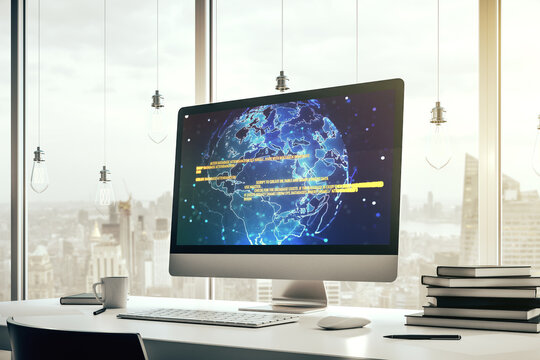 Modern computer display with abstract programming language hologram and world map, artificial intelligence and neural networks concept. 3D Rendering