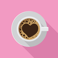 White coffee cup with heart froth, Icon flat design with long shadow on pink background, Love concept idea, Vector illustration