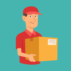 Delivery man red uniform holding box, Business delivery goods express service, Flat design for apps and websites, Vector illustration