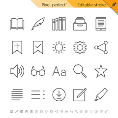 E-book reader thin icons. Pixel perfect. Editable stroke.