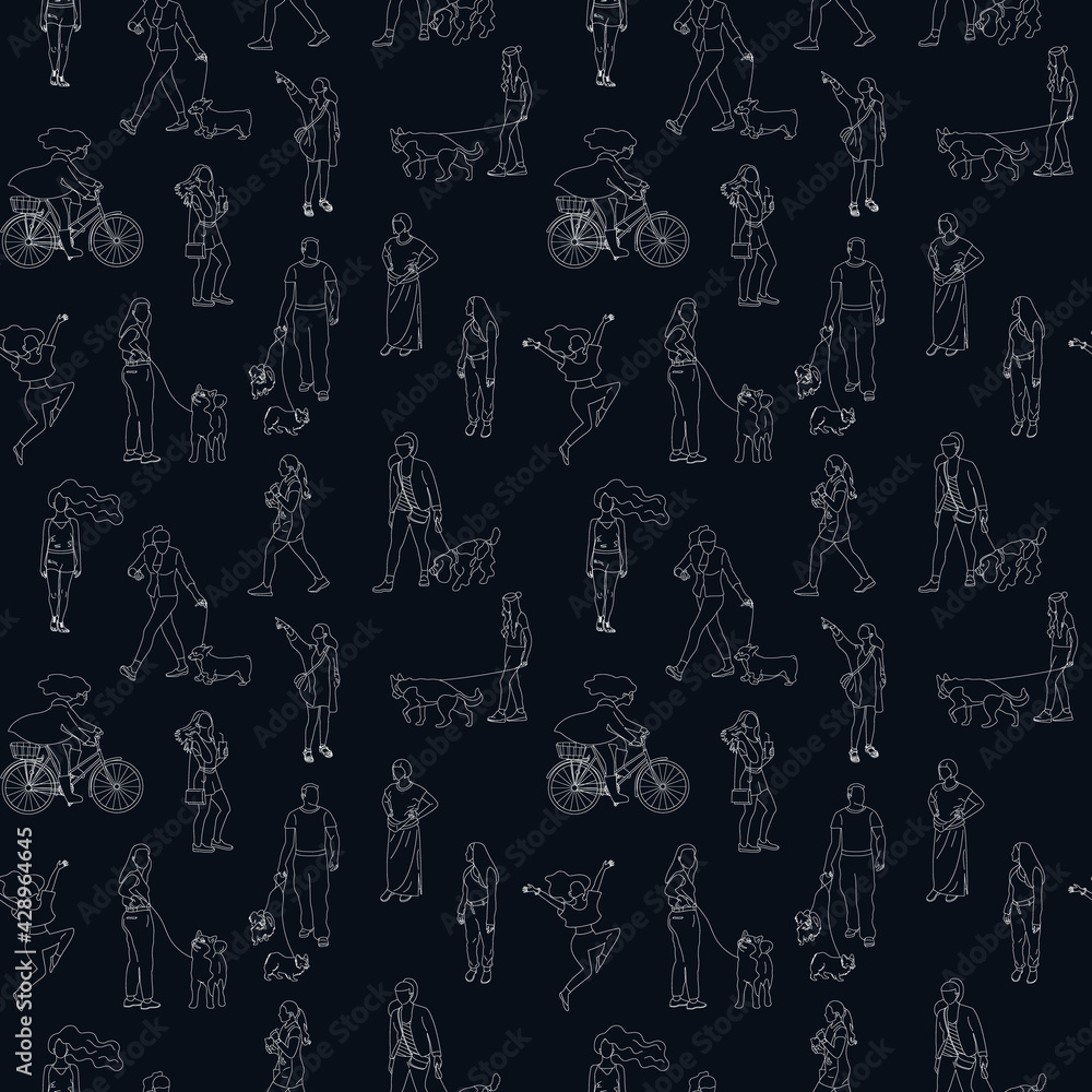 Wall mural Black and white monochrome seamless pattern with many walking and standing people in summer clothes. Line art. On black background. - Wall murals