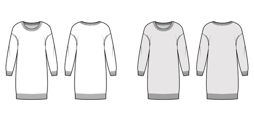 Dress Round neck Sweater technical fashion illustration with dropped shoulder long sleeves, relax body, knee length, knit rib trim. Flat jumper apparel front, back, white, grey color style. Women CAD