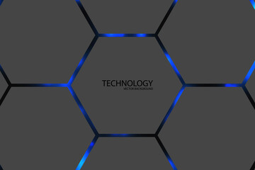 Hexagonal abstract background. Blue bright light flashes under the hexagon. Blue highlights under the gray honeycomb texture.
