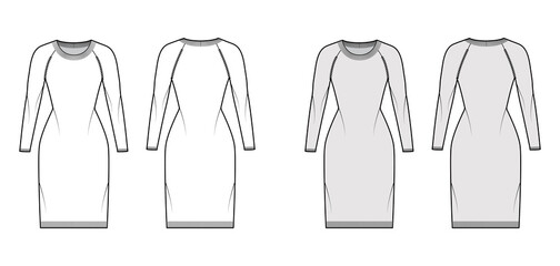 Dress Round neck Sweater technical fashion illustration with long raglan sleeves, fitted body, knee length, knit rib trim. Flat apparel front, back white, grey color style. Women men unisex CAD mockup