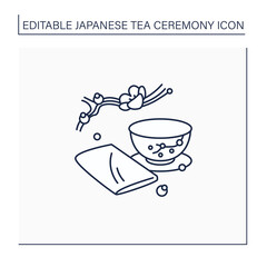 Chakin line icon. Special rectangular cloth used to wipe teacup. Japanese ethnic and national ceremony. Sakura twig. Tea ceremony concept.Isolated vector illustration.Editable stroke