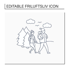 Friluftsliv line icon. Family hiking. Man and woman walking in forest. Nice weather. Nature landscape. Nordic outdoor activities concept.Isolated vector illustration.Editable stroke