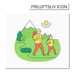 Friluftsliv color icon. Family hiking. Dad and daughter walking.Mountain landscape.Nordic outdoor activities concept.Isolated vector illustration