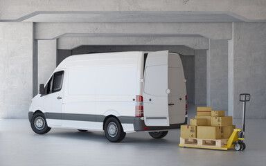 A new delivery van at warehouse. Cargo loading. 3d rendering