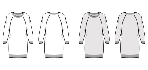 Naklejka premium Round neck dress Sweater technical fashion illustration with raglan sleeves, oversize body, knee length, rib trim. Flat jumper apparel front, back, white, grey color style. Women men unisex CAD mockup