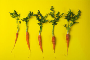 Fresh carrot with leaves on yellow background