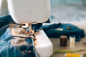 Sewing machine sewing accessories scissors thread buttons for repairing or sewing clothes on a desktop