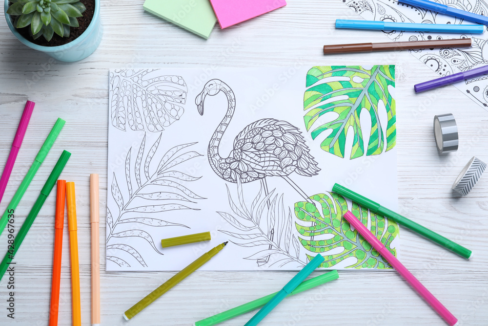 Poster Antistress coloring page and felt tip pens on white wooden table, flat lay