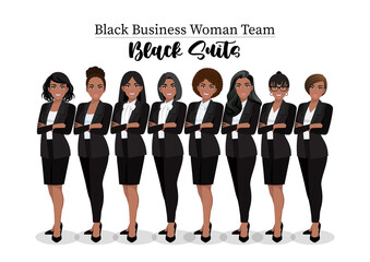 Obraz premium Black businesswoman or American African female character crossed arms pose in black suit vector illustration.