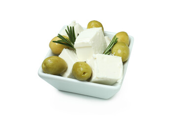 Bowl with feta cheese, olives and rosemary isolated on white background