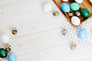 easter eggs on chalkboard top view wooden background tradition design