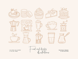 Set of hand drawn line art illustrations of coffee and sweets. Suit to brand identity, logo design
