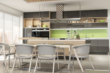 Fototapeta na wymiar Modern interior of kitchen with living room 