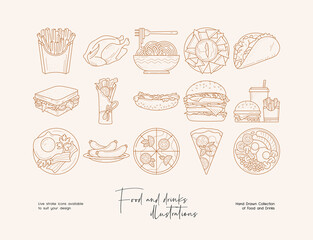 Set of hand drawn line art illustrations of fast food. Suit to brand identity, logo design
