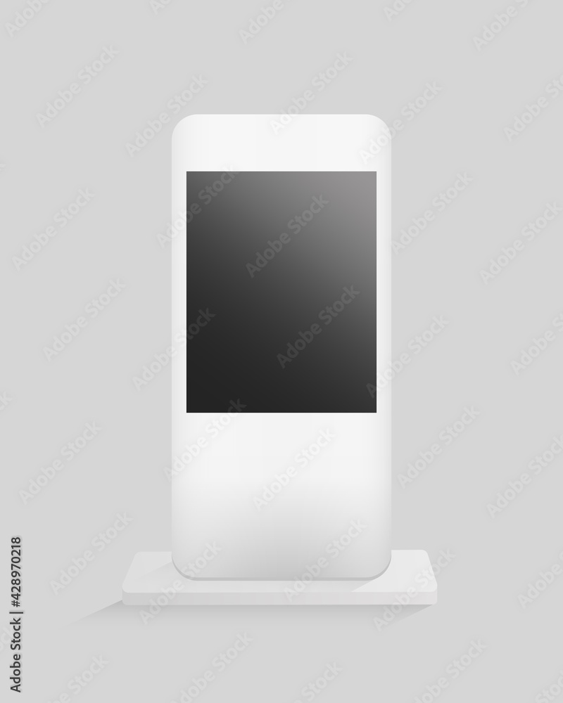 Poster digital gadget on stand. white device with dark lcd screen and communication wireless smart technolo