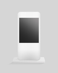 Digital gadget on stand. White device with dark lcd screen and communication wireless smart technology.