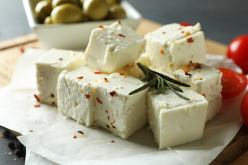 Concept of tasty food with feta cheese, close up